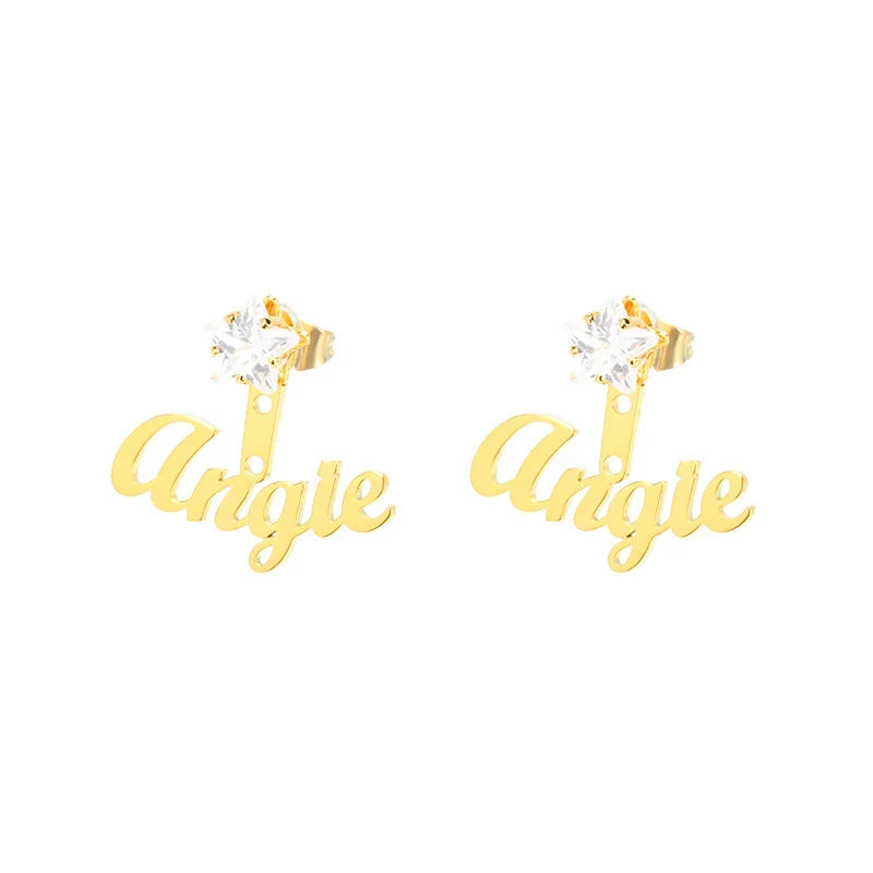 Customised name earrings in various shapes and finishes, including gold and platinum stars, hearts, squares, and rounds