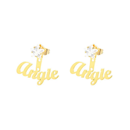 Customised name earrings in various shapes and finishes, including gold and platinum stars, hearts, squares, and rounds