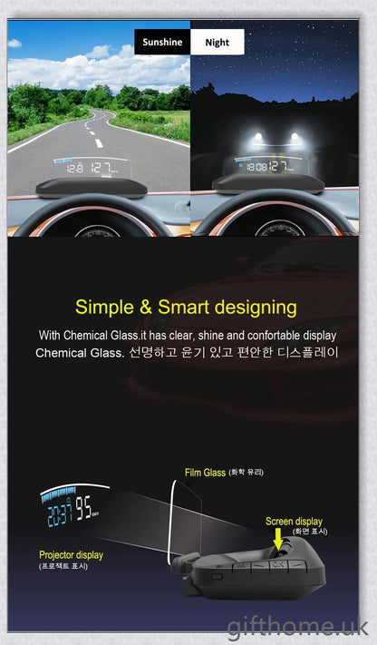 Premium windscreen-mounted car speed projector with bright, clear display reflecting on the windscreen