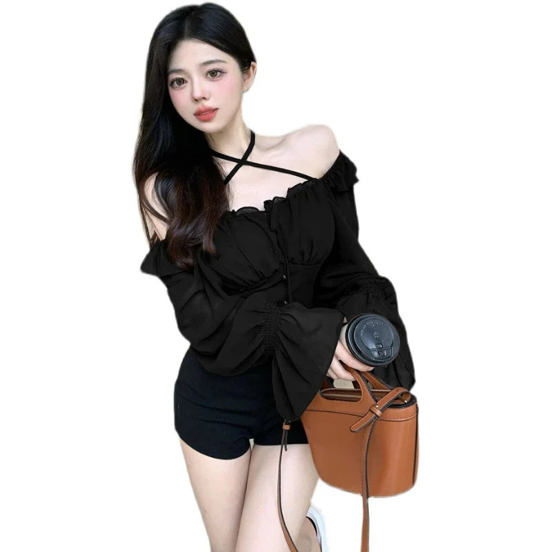 Elegant chiffon shirt with stylish ruffled neckline, available in white, black, and coffee colours