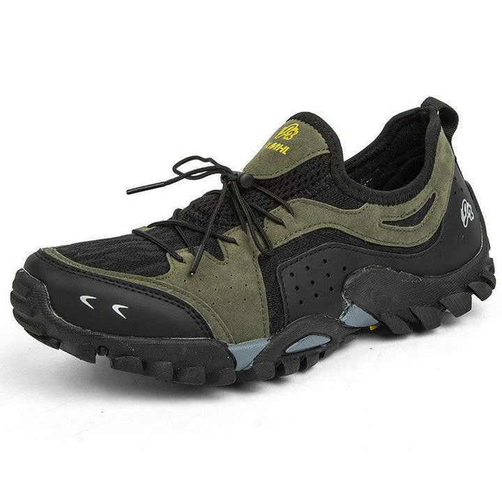Couple wearing durable British-made mesh hiking shoes exploring the outdoors