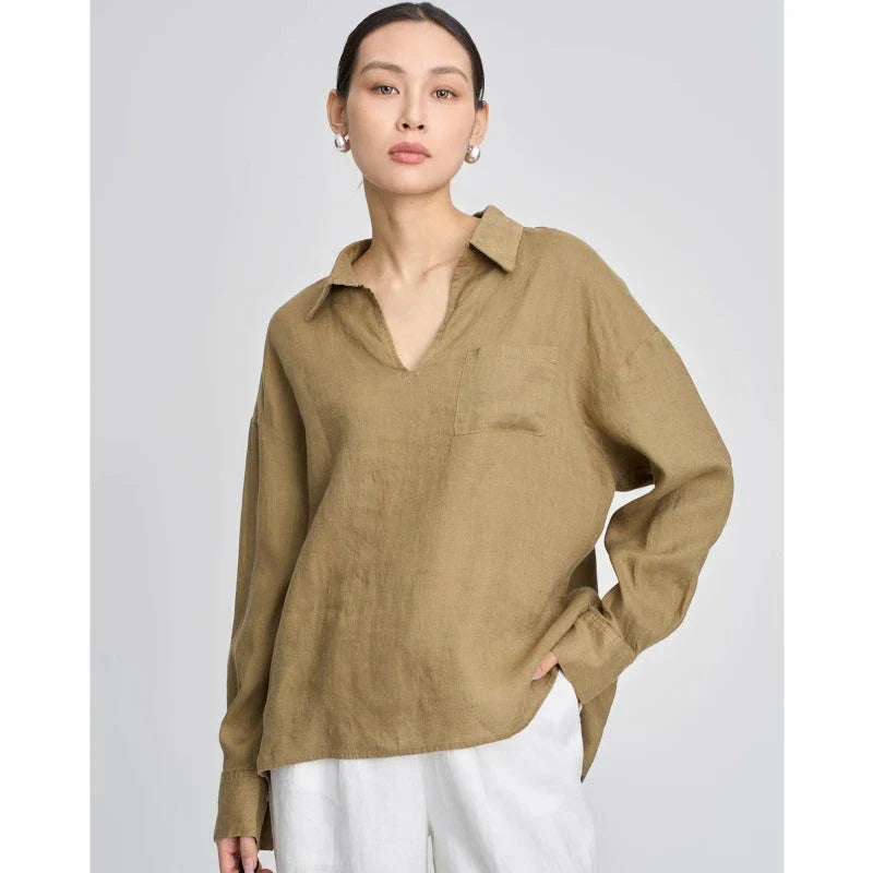 Premium linen v-neck long sleeve shirt for women in khaki colour, featuring breathable fabric and wrinkle-resistant design.