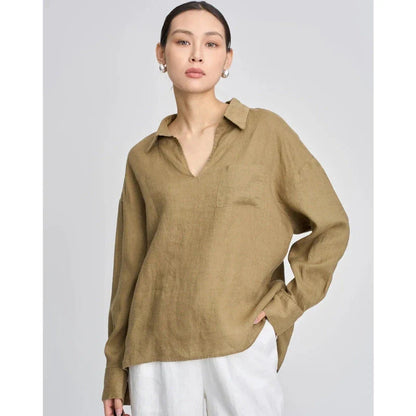 Premium linen v-neck long sleeve shirt for women in khaki colour, featuring breathable fabric and wrinkle-resistant design.