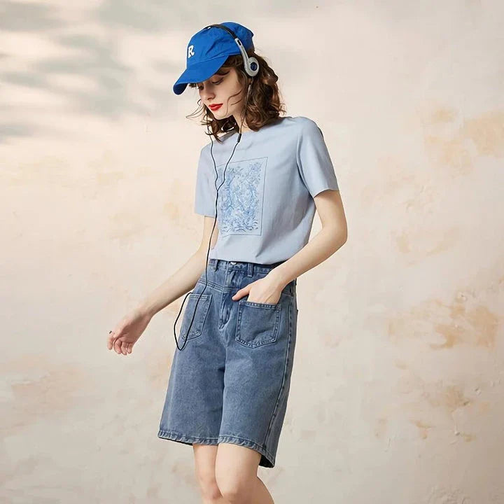 Casual round neck short sleeve women's t-shirt with natural scenery print in a comfortable, stretchy cotton-polyester blend
