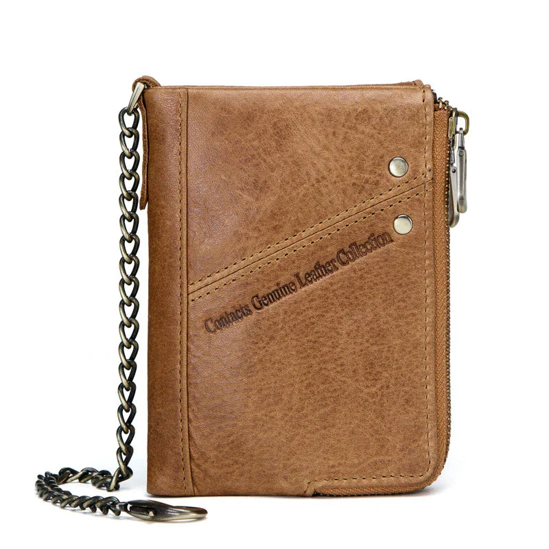 Premium leather coin purse with dual zipper closure, compact vertical design, and cowhide construction for men