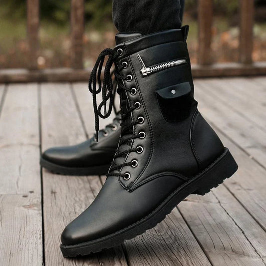 Premium mid-calf fleece-lined Martin boots for men, featuring a sleek square heel design and classic car stitch pattern in a durable black colour