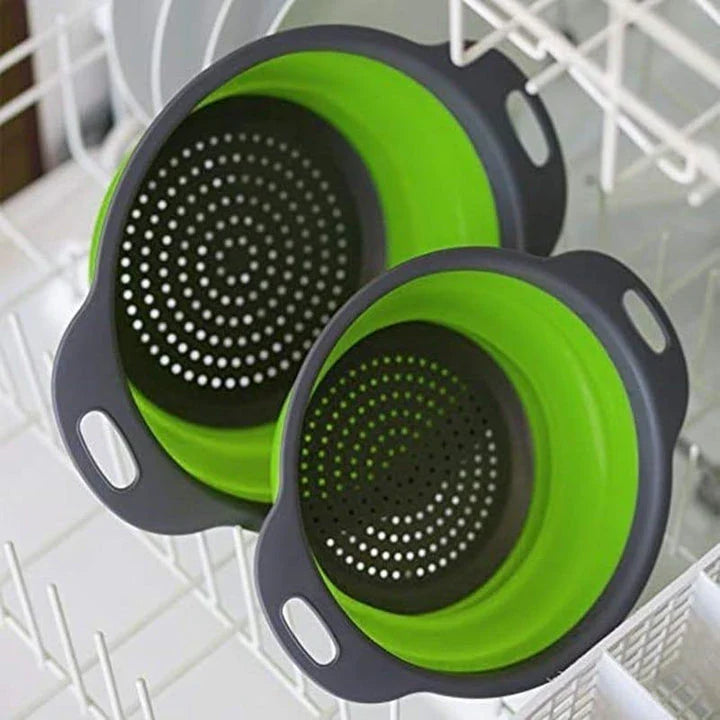 A vibrant, colourful folding colander made with durable food-grade materials for efficient straining and compact storage in the kitchen.