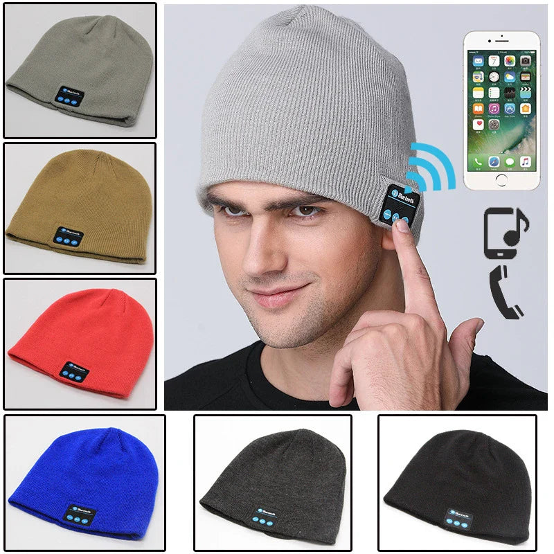 Stylish wireless Bluetooth beanie with built-in headphones, perfect for staying connected and warm during outdoor activities or indoor relaxation.