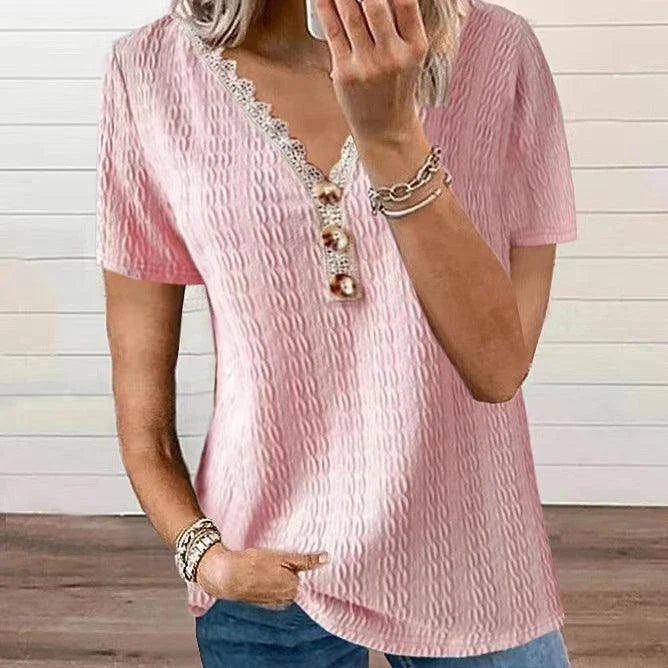 Stylish loose-fit V-neck casual T-shirt with lace detailing and button accents, available in a range of colours