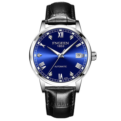 Premium automatic mechanical watch with leather strap, featuring a stainless steel case, luminous hands and markers, and a stylish British-inspired design