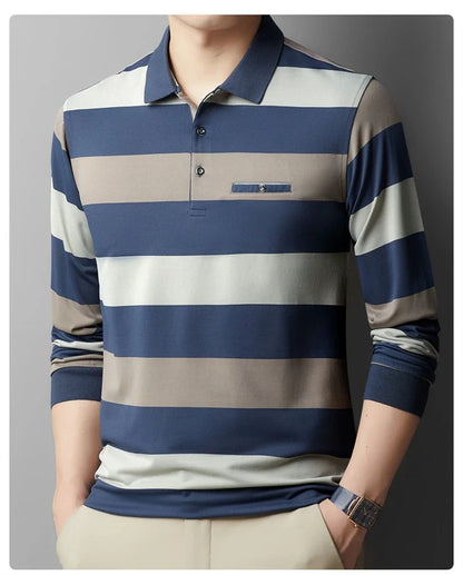 Premium Striped Long Sleeve Polo Shirt in Gray for Gentlemen - Soft, Breathable Fabric, Colour-Block Design, Versatile Casual-to-Smart Styling