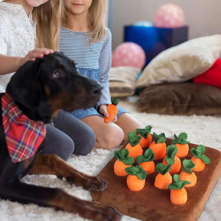 Premium soft plush carrot-shaped dog toy with non-slip backing for engaging, interactive playtime