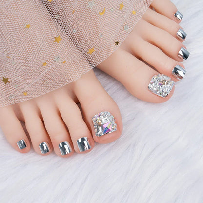 24 pieces of high-quality glitter crystal false toenails in various colours, designed to add a touch of luxury and sparkle to your feet.