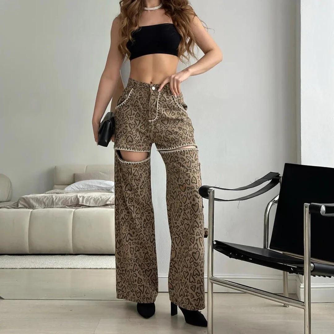 Stylish leopard print wide-leg jeans with patchwork design, perfect for fashion-forward women in the UK