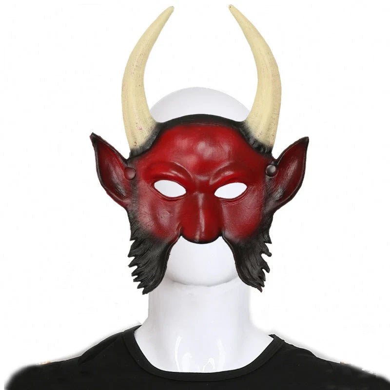 A chilling Halloween mask with long, twisted horns and a fearsome, ghostly expression, crafted from premium acrylic materials.