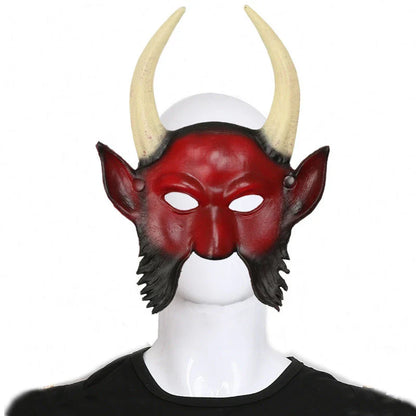 A chilling Halloween mask with long, twisted horns and a fearsome, ghostly expression, crafted from premium acrylic materials.