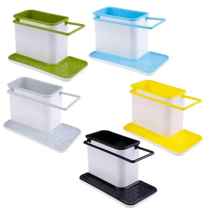 A premium multifunctional kitchen organiser with storage compartments, a towel rail, and a drip tray for keeping your sink area tidy and organised.