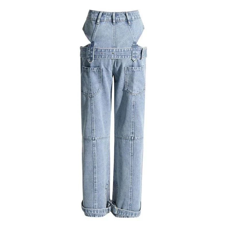 High-waist denim trousers with chic cutout design, perfect for British fashion enthusiasts