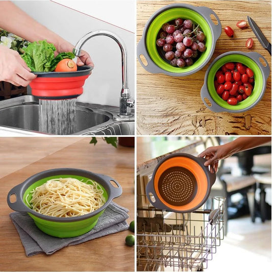A vibrant, colourful folding colander made with durable food-grade materials for efficient straining and compact storage in the kitchen.