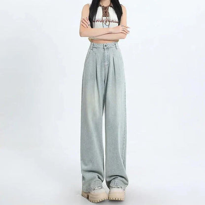 Premium high-waisted vintage straight leg women's jeans in a light wash finish with decorative details