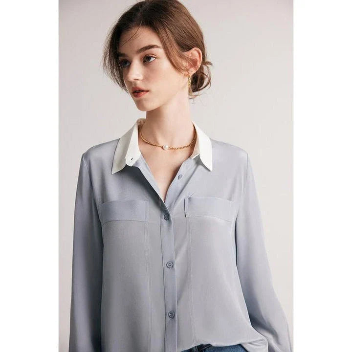 Sophisticated 100% Mulberry silk crepe de chine dress shirt for stylish women in the UK, offering elegance, comfort and versatility.