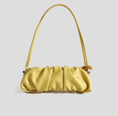Pleated fashion one-shoulder diagonal handbag in various colours including white, yellow, green, black, and light blue
