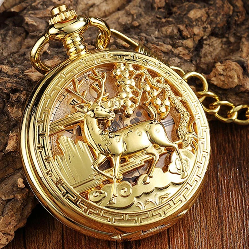 Exquisite gold-toned vintage-style pocket watch necklace with a mechanical movement and sturdy chain