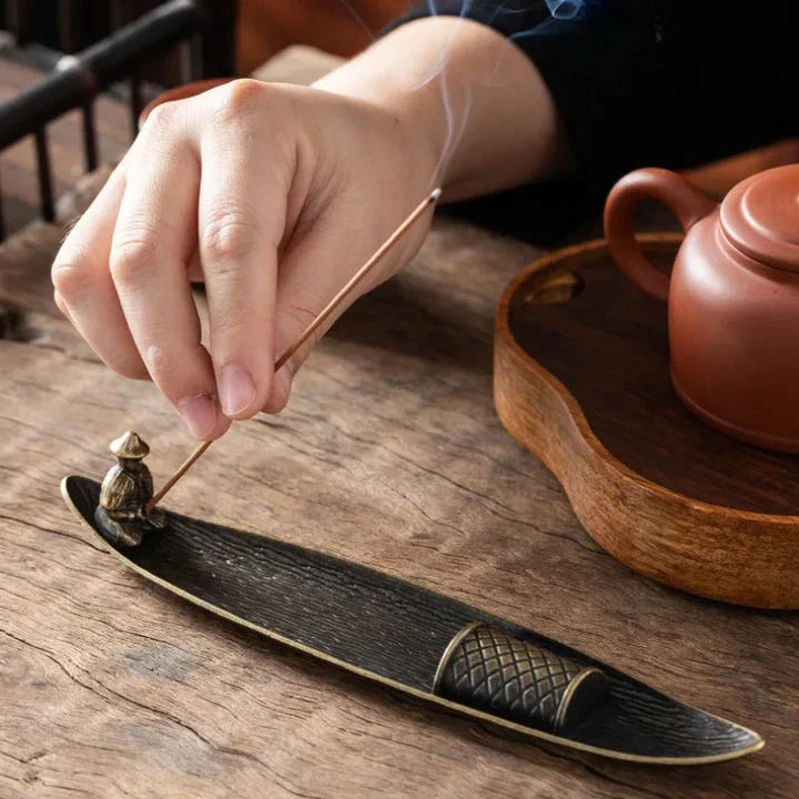 Elegant copper incense holder with Bodhi leaf design for peaceful home decor