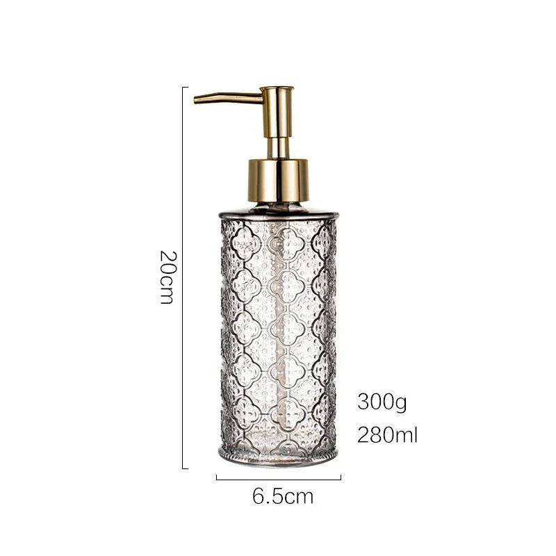 Elegant 280ml glass soap dispenser in pink colour, suitable for bathroom and kitchen use