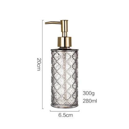 Elegant 280ml glass soap dispenser in pink colour, suitable for bathroom and kitchen use