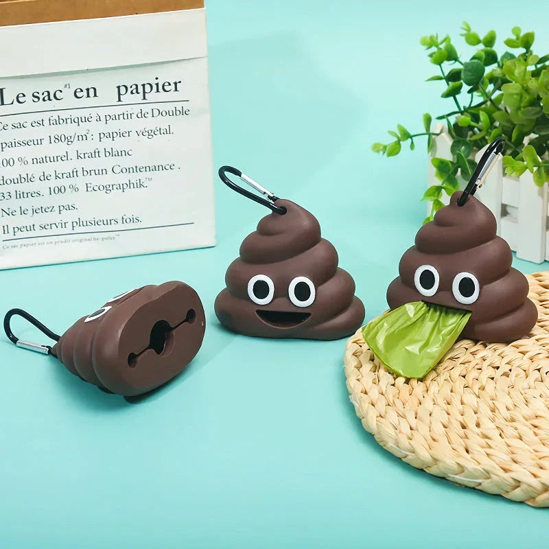 A brown leash-attached poop bag dispenser with a metal carabiner clip, designed for convenient pet waste management during outdoor activities.