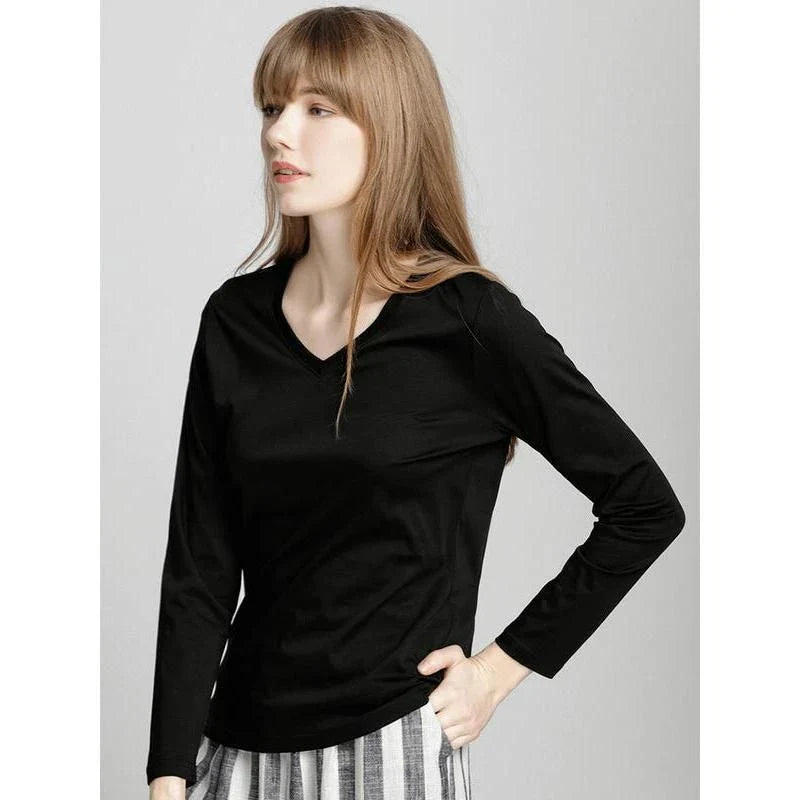 A classic long-sleeved tee in black, made from a premium blend of silk, cotton, and microfiber for a comfortable and elegant look.