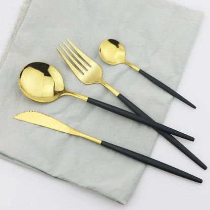 Premium 24-piece stainless steel tableware set with elegant black handles, ideal for formal and casual dining in the United Kingdom