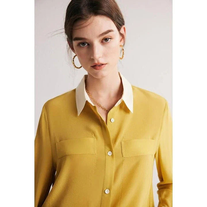 Sophisticated 100% Mulberry silk crepe de chine dress shirt for stylish women in the UK, offering elegance, comfort and versatility.