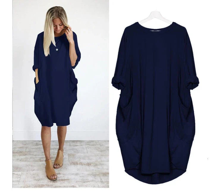 Stylish loose maxi dress with swing stitching detail in various colours, including grey, black, army green, and pink.