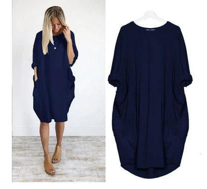Stylish loose maxi dress with swing stitching detail in various colours, including grey, black, army green, and pink.