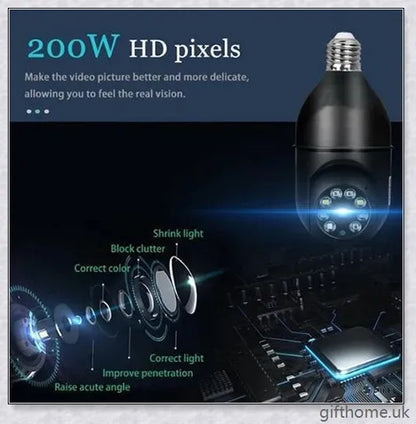 5G Wi-Fi smart home surveillance bulb camera with 360-degree coverage, night vision, and remote monitoring capabilities