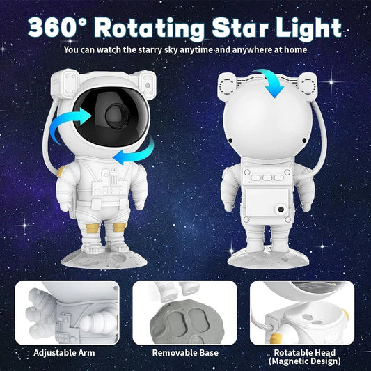 Astronaut-themed star projector lamp with rotating head and customisable features, creating a mesmerising nebula display in any room