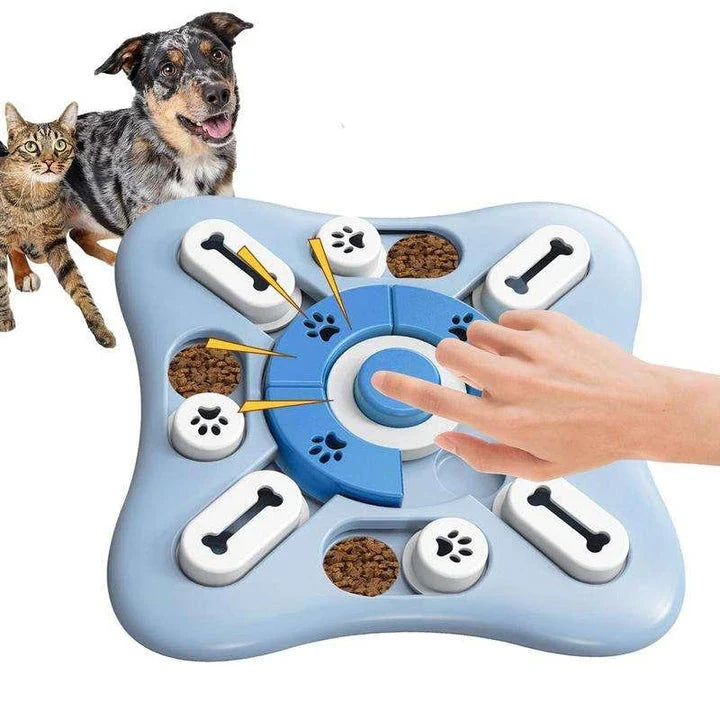 Interactive dog puzzle toy with treat dispenser and squeaky features for mental stimulation and enrichment
