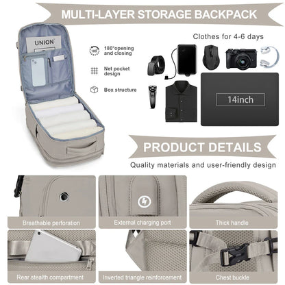 A premium white travel backpack with multiple compartments, designed for airline carry-on approval and weather protection.