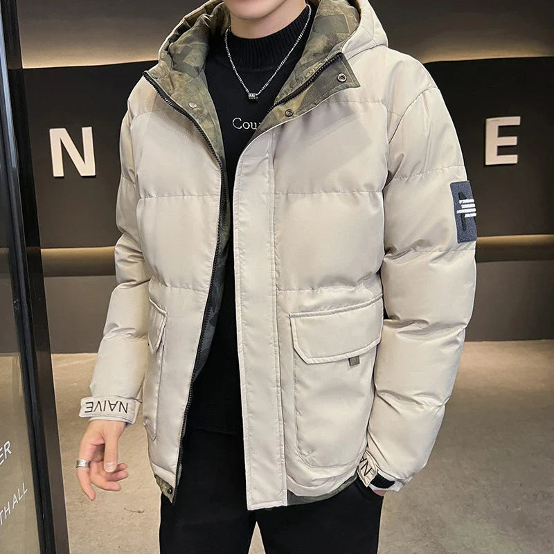 A premium hooded down coat in black, designed for stylish British gentlemen with superior warmth and weather-resistant construction.