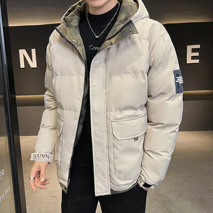 A premium hooded down coat in black, designed for stylish British gentlemen with superior warmth and weather-resistant construction.