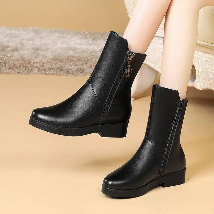 Luxurious velvet mid-calf boots with thick heels, perfect for women's winter fashion in the UK