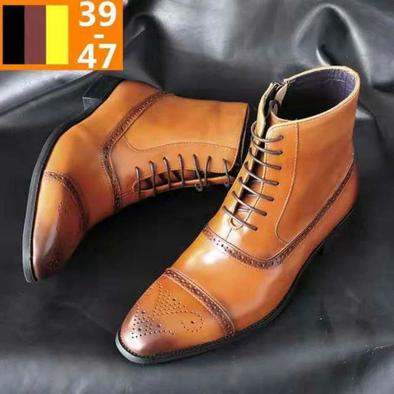 Premium artificial PU leather casual boots with pointed toe, wedge heel, and durable rubber sole for stylish British men