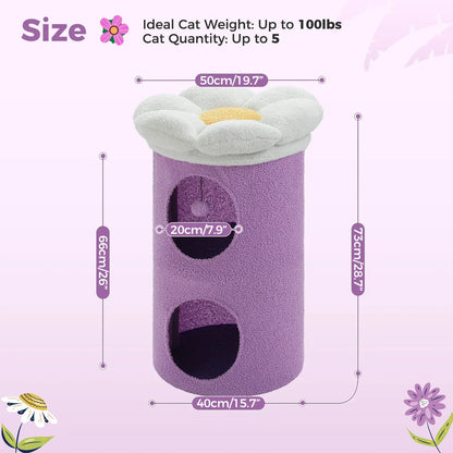 Luxurious double-decker cat bed with charming flower-shaped perch and interactive toy, made with soft corduroy fabric for maximum comfort.
