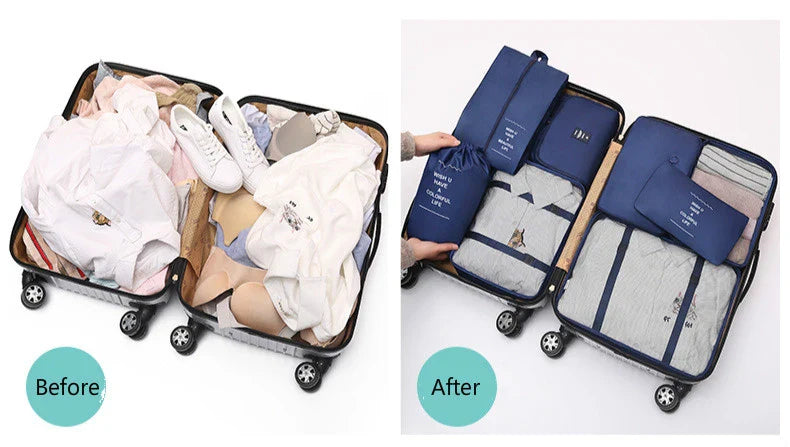 Premium 8-piece luggage organiser set made of durable, water-resistant nylon for effortless travel packing