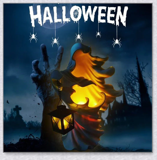 Chillingly elegant Halloween witch/ghost resin statue with eerie illumination, a unique blend of spooky charm and refined artistry for unforgettable seasonal decor