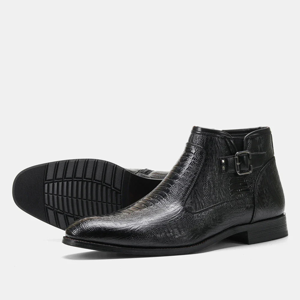 Premium men's formal Chelsea boots in brown, featuring a round toe, low wedge heel, and side zipper closure for a polished, office-ready look