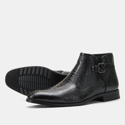 Premium men's formal Chelsea boots in brown, featuring a round toe, low wedge heel, and side zipper closure for a polished, office-ready look