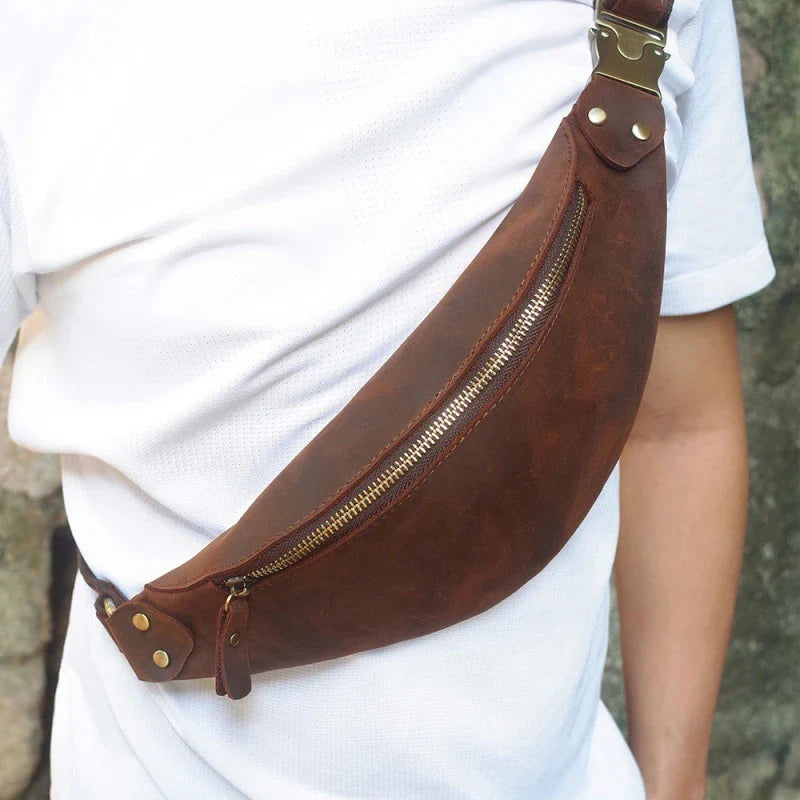 Premium one-shoulder cowhide crossbody bag for men in various colours, featuring a spacious main compartment and multiple pockets for organised storage.